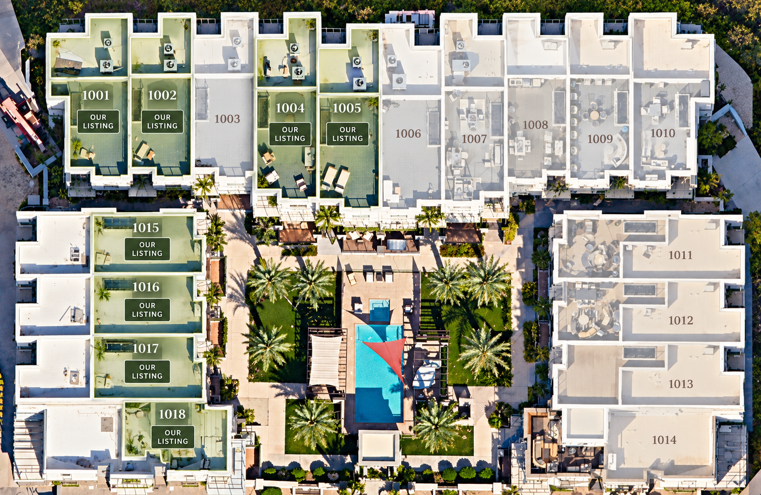 Aerial site plan of Seneca Luxury Residences showing all eight listings